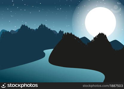 Mountains and river landscape. Night vector illustration.