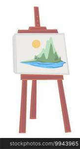 Mountains and river landscape on easel, isolated icon of artistic picture on canvas. Painting lessons or master class, exhibition of artworks. Art gallery or shop with products. Vector in flat style. Easel with landscape painting, mountains and river