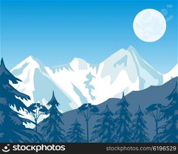 Mountains and wood in winter. Vector illustration of the high mountains covered by snow