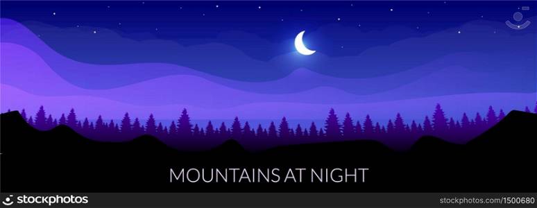 Mountains at night flat color vector banner template. Coniferous forest at midnight. Woodland skyline. Wild nature. Fir trees and hills 2D cartoon landscape with moon and starry sky on background. Mountains at night flat color vector banner template