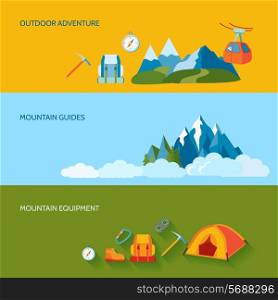 Mountains camping banners set with outdoor adventure guides equipment isolated vector illustration
