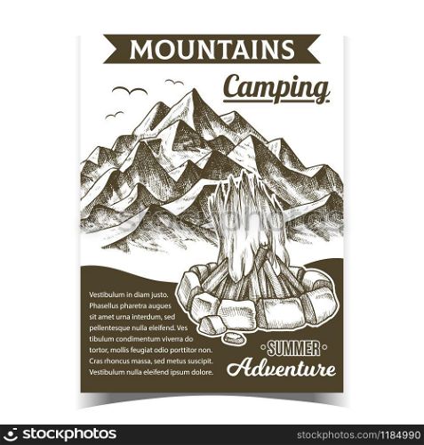 Mountains Camping Fire Advertising Poster Vector. Burning Campfire And Rock Mountains. Summer Adventure Advertise Banner. Firewood With Bricks Stones Around Of Flame Monochrome Illustration. Mountains Camping Fire Advertising Poster Vector