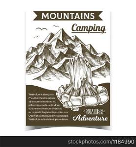 Mountains Camping Fire Advertising Poster Vector. Burning Campfire And Rock Mountains. Summer Adventure Advertise Banner. Firewood With Bricks Stones Around Of Flame Monochrome Illustration. Mountains Camping Fire Advertising Poster Vector