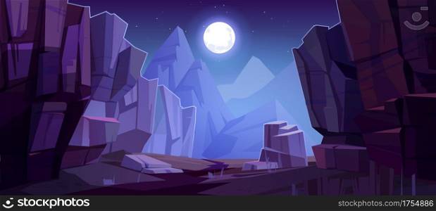 Mountains cleft view from bottom, night scenery landscape with high rocks and full moon with stars glowing over peaks. Beautiful nature background, hills at nighttime, Cartoon vector illustration. Mountains cleft view from bottom, night landscape
