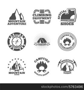 Mountains climbing equipment quide and camping area adventures black labels emblems logo set abstract isolated vector illustration