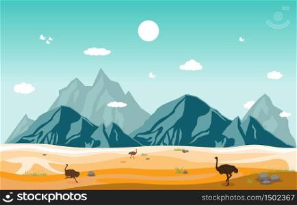 Mountains Hills Desert Steppe Ostrich Landscape Sky