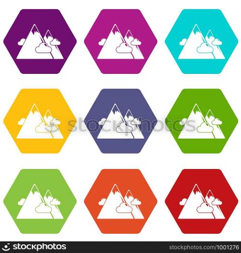 Mountains icons 9 set coloful isolated on white for web. Mountains icons set 9 vector