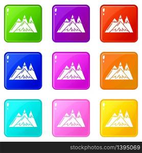 Mountains icons set 9 color collection isolated on white for any design. Mountains icons set 9 color collection
