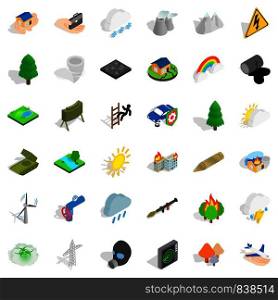 Mountains icons set. Isometric style of 36 mountains vector icons for web isolated on white background. Mountains icons set, isometric style