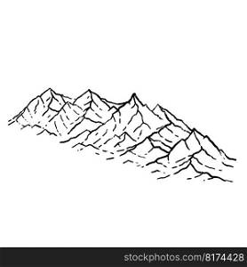 Mountains in engraving style. Nature landscape of highlands. Rocky ridge. Hand drawn design. Mountains in engraving style.