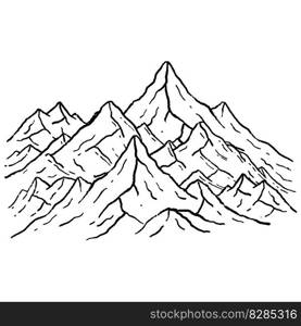 Mountains in engraving style. Nature landscape of highlands. Rocky ridge. Hand drawn design. Mountains in engraving style.