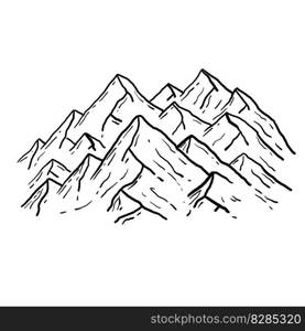 Mountains in engraving style. Nature landscape of highlands. Rocky ridge. Hand drawn design. Mountains in engraving style.