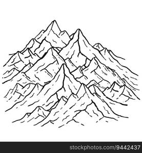 Mountains in engraving style. Nature landscape of highlands. Rocky ridge. Hand drawn design. Mountains in engraving style.