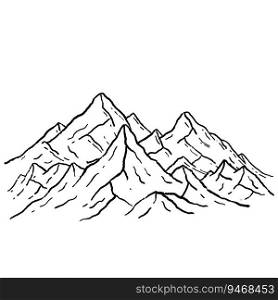 Mountains in engraving style. Nature landscape of highlands. Rocky ridge. Hand drawn design. Mountains in engraving style. Nature landscape