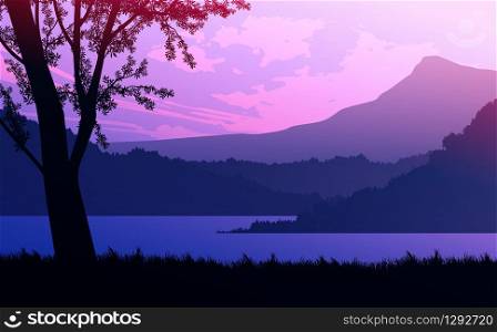 Mountains lake and river landscape silhouette tree horizon Landscape wallpaper Sunrise and sunset Illustration vector style colorful view background