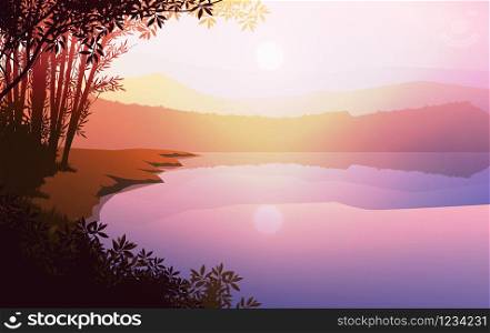 Mountains lake landscape silhouette tree horizon Landscape wallpaper Sunrise and sunset Illustration vector style colorful view background
