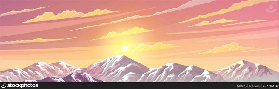 Mountains landscape, abstract lilac panoramic view, vector. Snow capped mountains background. Beautiful horizon with mountaine scenery with snow-capped peaks, sunrise or sunset on clear bright day. Beautiful horizon with mountaine scenery, snow-capped peaks, sunrise or sunset on clear bright day