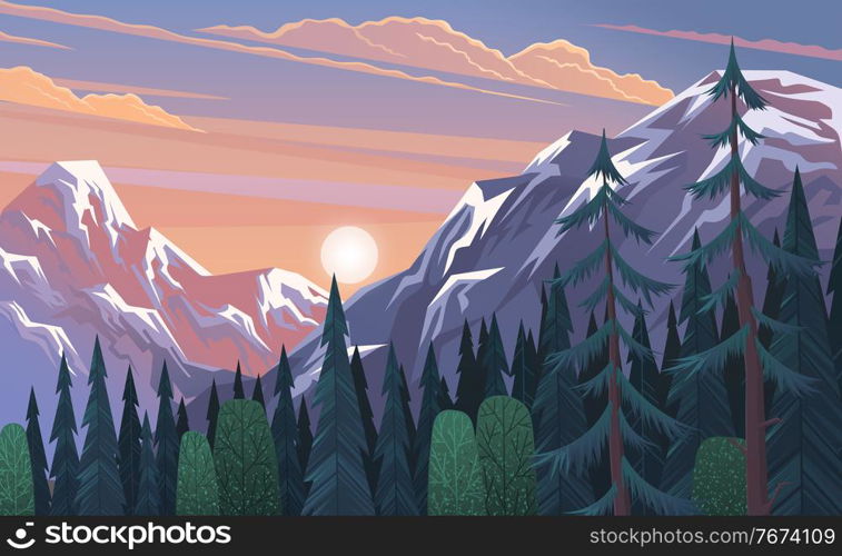 Mountains landscape, abstract lilac sunset panoramic view, vector illustration. Mountainside forest background. Beautiful view of the mountaine landscape with snow-capped peaks on a cloudy sky. Mountains landscape, abstract lilac sunset panoramic view, vector illustration. Mountainside forest