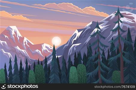 Mountains landscape, abstract lilac sunset panoramic view, vector illustration. Mountainside forest background. Beautiful view of the mountaine landscape with snow-capped peaks on a cloudy sky. Mountains landscape, abstract lilac sunset panoramic view, vector illustration. Mountainside forest