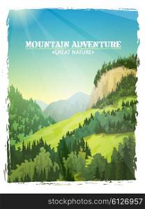 Mountains Landscape Background Poster. Mountains sunny green slopes landscape design travel outdoor adventures background poster abstract illustration vector