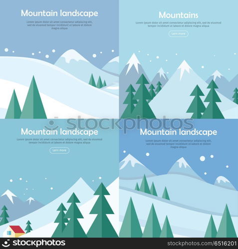 Mountains Landscape Banners Set. Mountaineering. Mountains landscape banners set. Mountaineering mountain climbing Alpinism concept. Extreme hills in snowy high mountains. Sport season winter holiday resort. Blue sky and crystal white snow. Vector