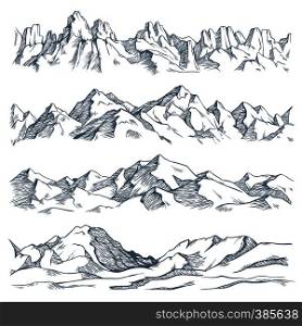 Mountains landscape engraving. Vintage hand drawn sketch of hiking or climbing on mountain. Nature highlands drawing, mountains landscape engraving. Vector isolated illustration sign set. Mountains landscape engraving. Vintage hand drawn sketch of hiking or climbing on mountain. Nature highlands vector illustration