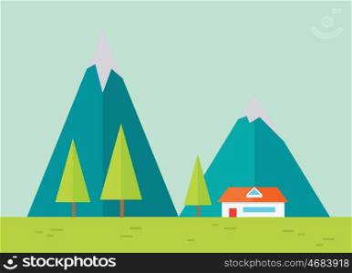 Mountains Landscape in Flat.. Vector illustration of mountain ridge. View of blue mountains with house. Mountains landscape, abstract blue panoramic view. Nature background. Isolated vector illustration.