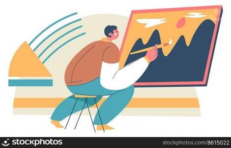 Mountains landscape scenery drawn by male character, artist with canvas on easel and paintbrush in hands. Inspiration and motivation for art school student. Painting lessons, vector in flat style. Man artist drawing painting, mountain landscape
