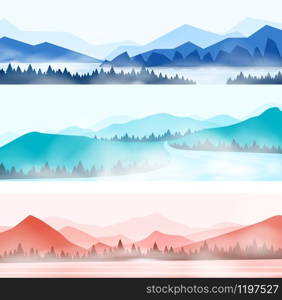 Mountains landscape. Silhouette panorama of foggy forest and snowy mountain peaks, nature outdoor panorama. Vector illustration beauty abstract silhouette wood and mountains. Mountains landscape. Silhouette panorama of foggy forest and snowy mountain peaks, nature outdoor panorama. Vector wood and mountains