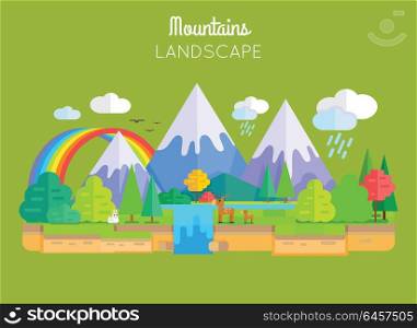 Mountains landscape vector. Flat style. Illustration of nature with snow-capped peaks, animals, trees, waterfall, rainbow, clouds. Banner for environmental, ecological concepts and web page design. . Mountains Landscape Vector Concept In Flat Design.