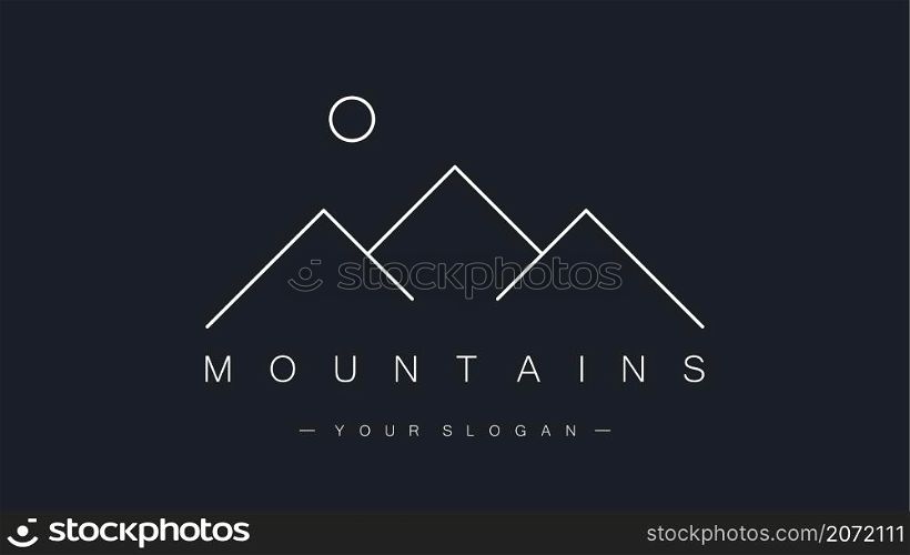Mountains logo isolated on dark blue background. Travel and mountain sports concept. Modern linear style. Vector. Mountains logo isolated on dark blue background. Travel and mountain sports concept. Modern linear style. Vector illustration