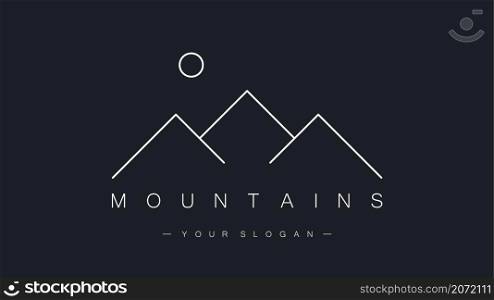 Mountains logo isolated on dark blue background. Travel and mountain sports concept. Modern linear style. Vector. Mountains logo isolated on dark blue background. Travel and mountain sports concept. Modern linear style. Vector illustration