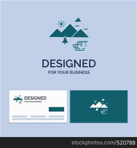 Mountains, Nature, Outdoor, Clouds, Sun Business Logo Glyph Icon Symbol for your business. Turquoise Business Cards with Brand logo template.. Vector EPS10 Abstract Template background