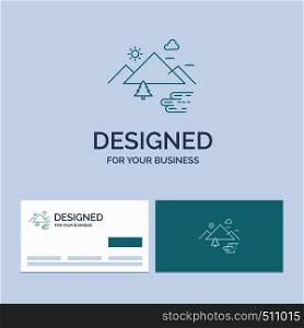 Mountains, Nature, Outdoor, Clouds, Sun Business Logo Line Icon Symbol for your business. Turquoise Business Cards with Brand logo template. Vector EPS10 Abstract Template background