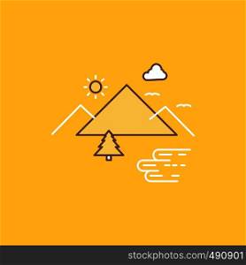 Mountains, Nature, Outdoor, Clouds, Sun Flat Line Filled Icon. Beautiful Logo button over yellow background for UI and UX, website or mobile application. Vector EPS10 Abstract Template background