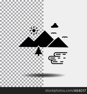 Mountains, Nature, Outdoor, Clouds, Sun Glyph Icon on Transparent Background. Black Icon. Vector EPS10 Abstract Template background