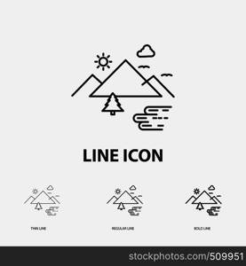 Mountains, Nature, Outdoor, Clouds, Sun Icon in Thin, Regular and Bold Line Style. Vector illustration. Vector EPS10 Abstract Template background