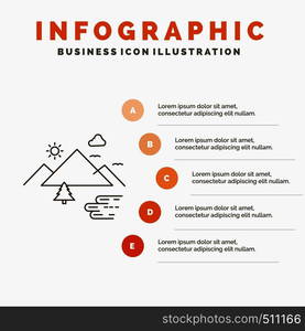 Mountains, Nature, Outdoor, Clouds, Sun Infographics Template for Website and Presentation. Line Gray icon with Orange infographic style vector illustration. Vector EPS10 Abstract Template background