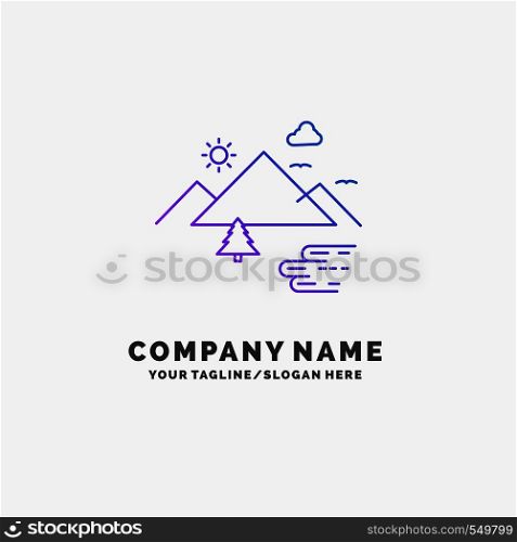 Mountains, Nature, Outdoor, Clouds, Sun Purple Business Logo Template. Place for Tagline. Vector EPS10 Abstract Template background
