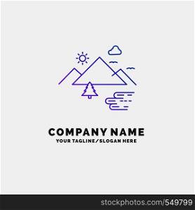 Mountains, Nature, Outdoor, Clouds, Sun Purple Business Logo Template. Place for Tagline. Vector EPS10 Abstract Template background