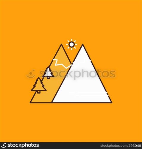 Mountains, Nature, Outdoor, Sun, Hiking Flat Line Filled Icon. Beautiful Logo button over yellow background for UI and UX, website or mobile application. Vector EPS10 Abstract Template background
