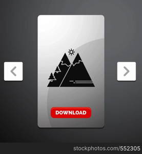 Mountains, Nature, Outdoor, Sun, Hiking Glyph Icon in Carousal Pagination Slider Design & Red Download Button. Vector EPS10 Abstract Template background