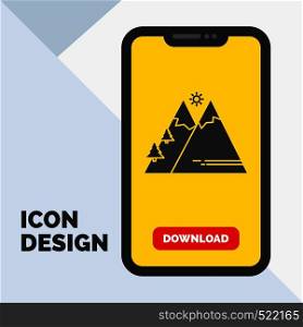 Mountains, Nature, Outdoor, Sun, Hiking Glyph Icon in Mobile for Download Page. Yellow Background. Vector EPS10 Abstract Template background