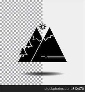 Mountains, Nature, Outdoor, Sun, Hiking Glyph Icon on Transparent Background. Black Icon. Vector EPS10 Abstract Template background