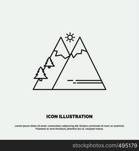 Mountains, Nature, Outdoor, Sun, Hiking Icon. Line vector gray symbol for UI and UX, website or mobile application. Vector EPS10 Abstract Template background