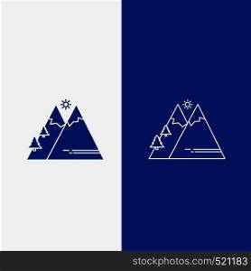Mountains, Nature, Outdoor, Sun, Hiking Line and Glyph web Button in Blue color Vertical Banner for UI and UX, website or mobile application. Vector EPS10 Abstract Template background