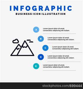 Mountains, Nature, Scenery, Travel Blue Infographics Template 5 Steps. Vector Line Icon template