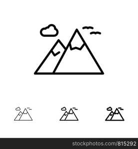 Mountains, Nature, Scenery, Travel Bold and thin black line icon set