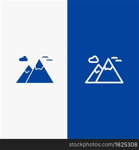 Mountains, Nature, Scenery, Travel Line and Glyph Solid icon Blue banner
