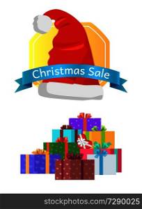 Mountains of gift boxes in decorative wrapping on Christmas sale poster with promo label decorated by Santa Claus hat, vector illustration banner. Christmas Piles of Gift Boxes Decorative Wrapping